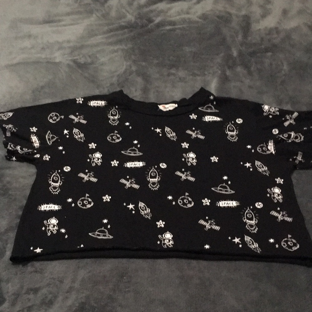 Black shirt with spaceships, Astronauts, and more|Size: L|Brand: French Pastry